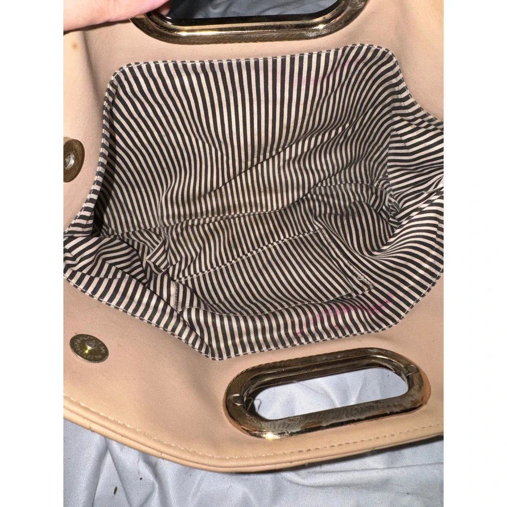 Beige Chevron Quilted‎ Oversized Clutch Bag Metal Handle Striped Lining Handbag